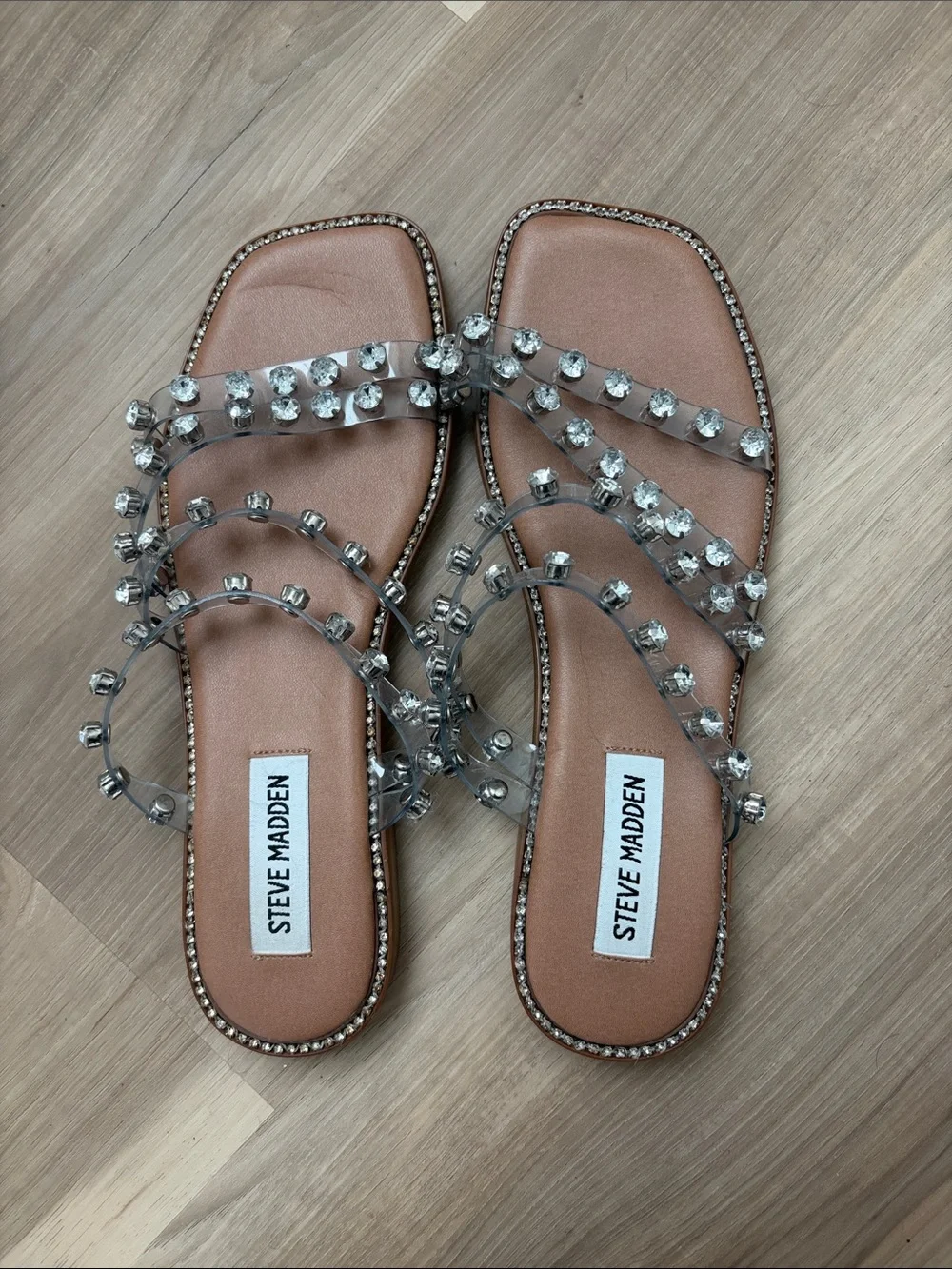 Steve Madden Crystal-Embellished Clear Strap Sandals with Tan Footbed